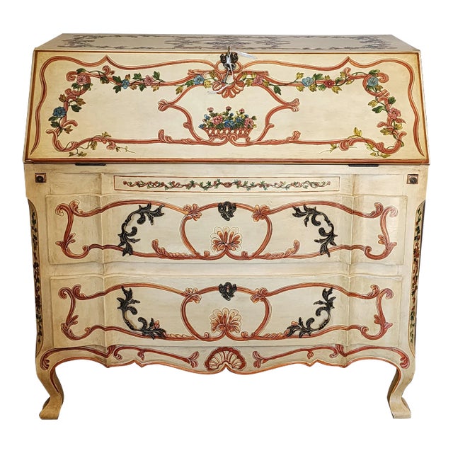 Custom Hand Painted Chinoiserie Grandeur Drop Front Secretary Desk Drawer Storage Cabinet For Sale