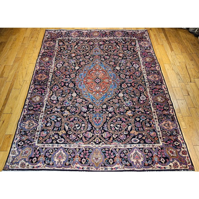 Vintage Khorassan Rug, Handwoven Floral Pattern, Navy & Turquoise, 10’ X 12’ For Sale In Chicago - Image 6 of 12