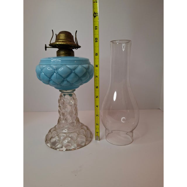 Rare Pair Antique Consolidated Pink & Blue Cased Glass Florette Stand Lamps P&A For Sale - Image 16 of 18