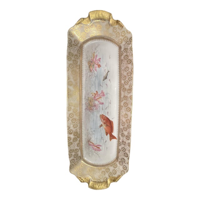 Antique Limoges Hand-Painted Marine Life Porcelain Serving Tray, Circa 1895–1900 For Sale
