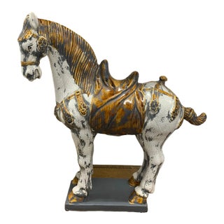Vintage Late 20th Century Tang Style Ceramic War Horse Sculpture For Sale