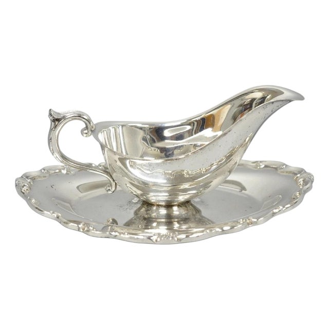 Vintage Victorian Style Silver Plated Gravy Sauce Boat W/ Attached Dish For Sale