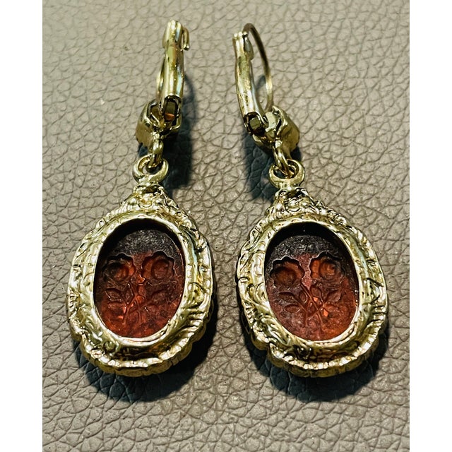 Metal Vintage Art Nouveau Style Etched Floral Amber Dangle Earrings, A Pair For Sale - Image 7 of 10