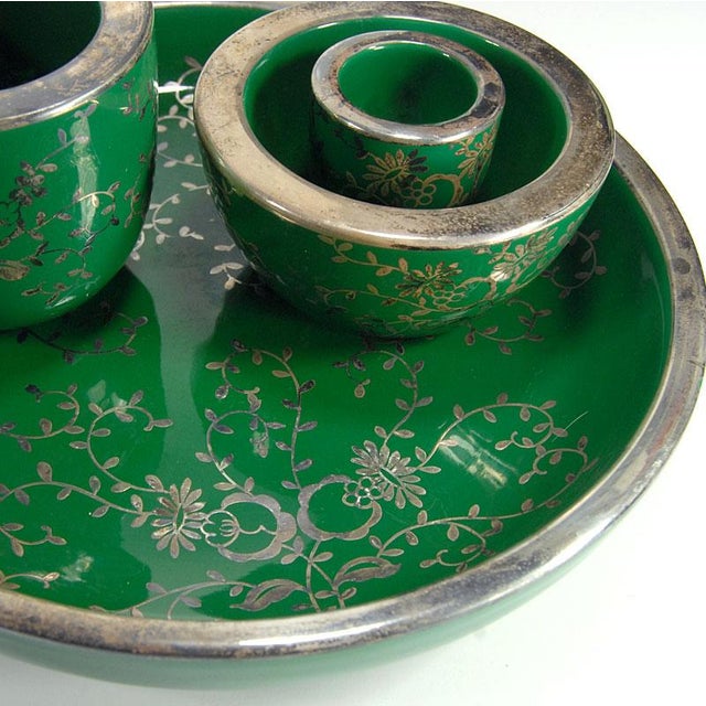 1950s Silver Overlay Green Ceramic Set from C&P Firenze, Italy, 1950s, Set of 4 For Sale - Image 5 of 12