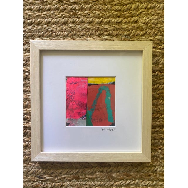 Mixed media collage on paper, matted to 4 x 4 and framed in a 9 x 9 natural wooden frame behind framer's quality...
