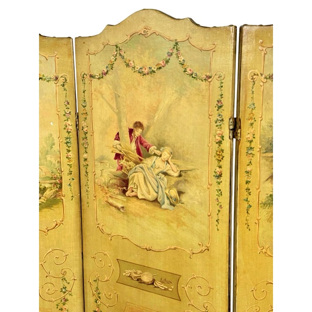 Late 19th Century Antique French Louis XV Hand-Painted Canvas Three-Panel Screen / Room Divider For Sale - Image 5 of 10