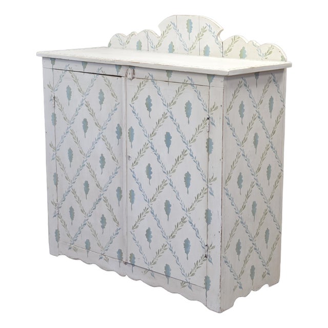 Antique Rustic Pine Two Door Sideboard Cabinet With Handpainted Lattice and Leaf Motif For Sale