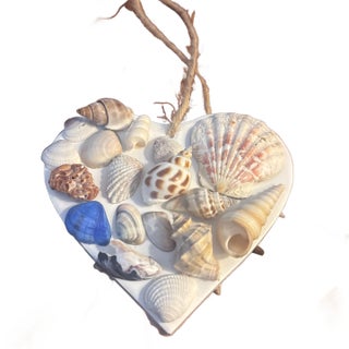 Seashell Encrusted White Heart Mosaic Heart Door Hanger Nautical Coastal Home Accent For Sale