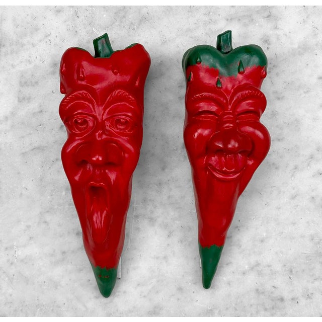 Mid-Century Modern Vintage Oddity Red Chili Pepper Face Chalkware Wall Hanging Sculptures - a Pair For Sale - Image 3 of 11