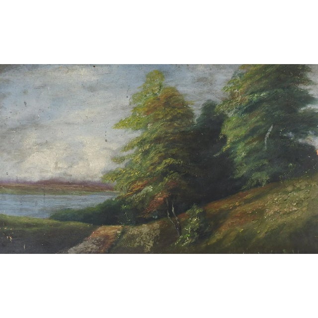 Paper Antique Distressed European River & Forest Landscape Painting For Sale - Image 7 of 7