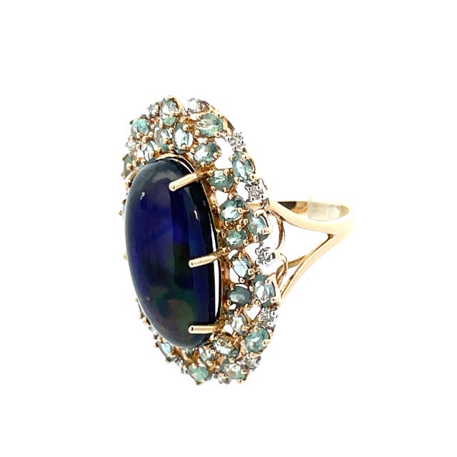 Rare 14k Gold Gia 8.89 Carat Weight Black Opal, Alexandrite & Diamond Halo Ring, Size 8.5 For Sale - Image 10 of 13