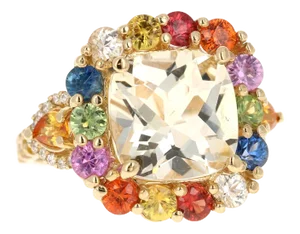 7.90 Carat Citrine Multicolor Sapphire Diamond Yellow Gold Cocktail Ring Size 7