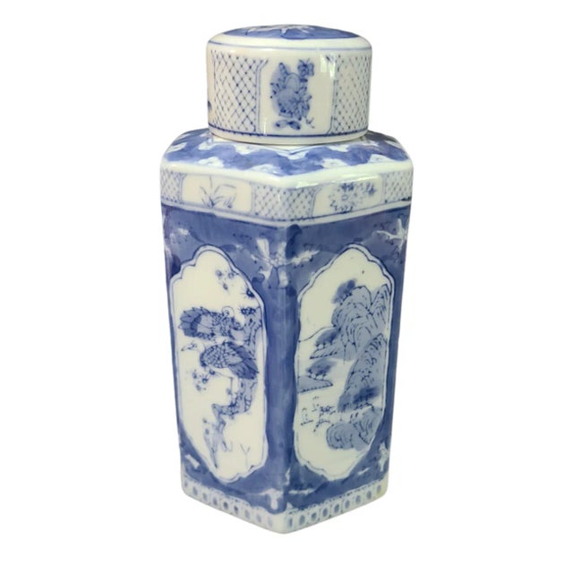 Ceramic Vintage Asian Chinese Blue & White Hexagon Covered Tea Caddy Jinger Jar For Sale - Image 7 of 7