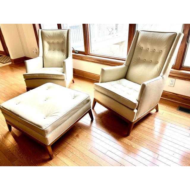 1960s 1960s Vintage Mid-Century Modern Th Robsjohn-Gibbings White Leather Chairs With Ottoman - 3 Pieces For Sale - Image 5 of 8
