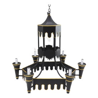 Black Tole Pagoda Style Tower Chandelier With Gold Accents For Sale