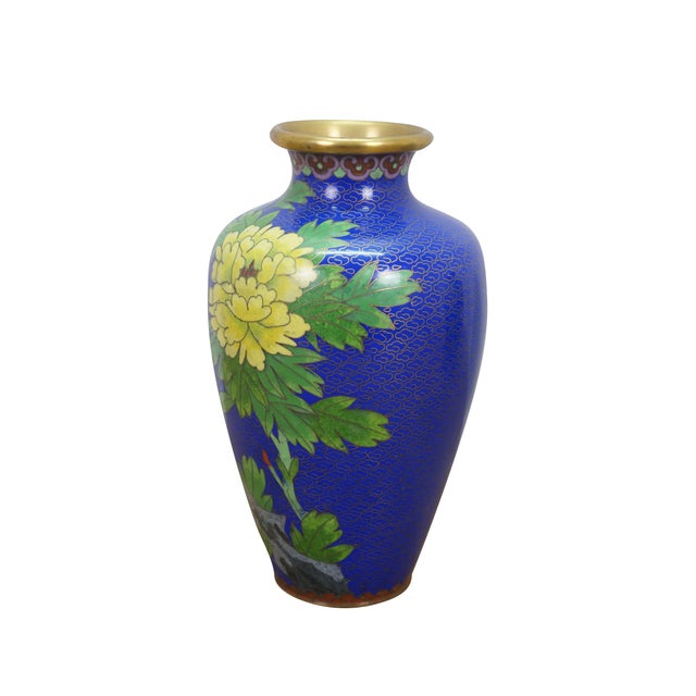 Two mid to early 20th century Chinese Cloisonne cobalt blue floral Ponies and butterflies bud vases / mantel vases /...