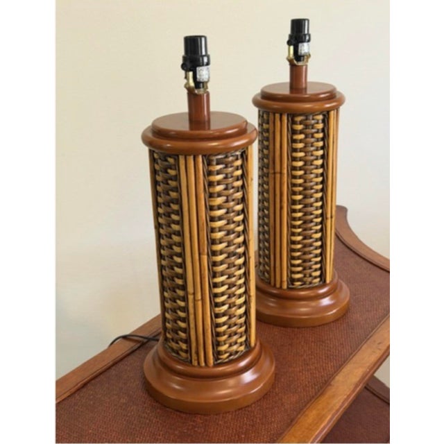 Vintage Bamboo and Woven Rattan Coastal Table Lamps - a Pair For Sale - Image 4 of 11