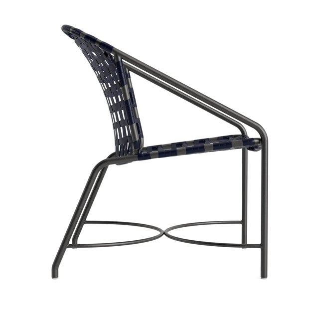 Contemporary Brown Jordan Kantan Aluminum Vinyl Arm Chair, Textured Pewter frame with Marine fabric For Sale - Image 3 of 11