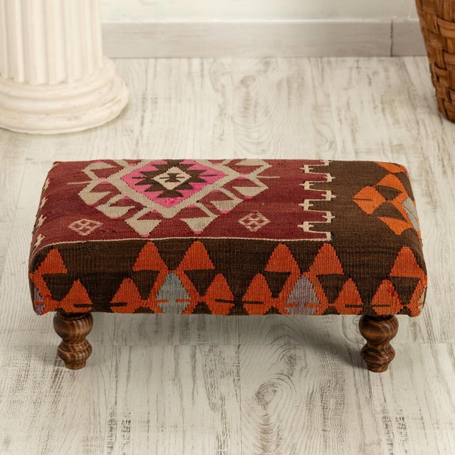 Mid-Century Kilim Ottoman With Oak & Hornbeam Frame For Sale In Los Angeles - Image 6 of 7