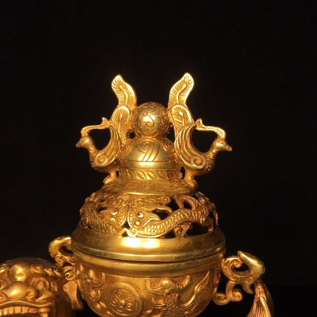 Metal Gilt Bronze Lion Incense Burner Censer With Openwork Lid For Sale - Image 7 of 9