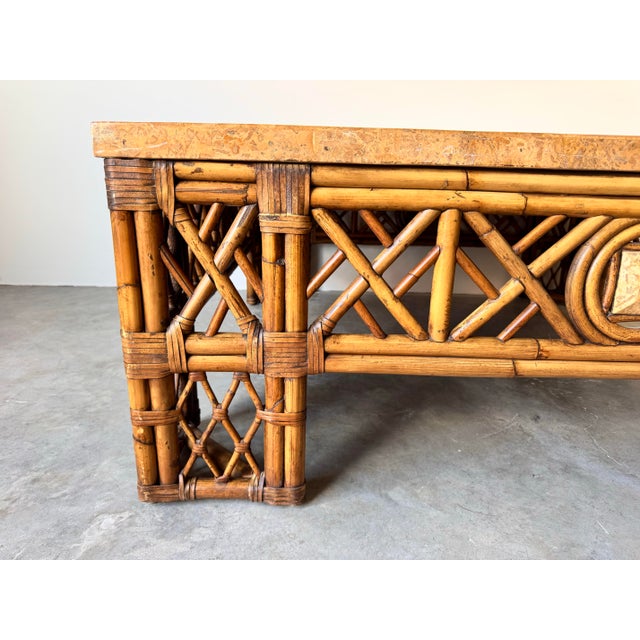 Wood Vintage Monumental Chinoiserie Fretwork Bamboo & Leather Coffee Table With Tessella Top/Sold For Sale - Image 7 of 12