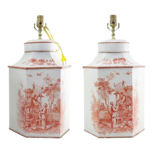 Pair of Vintage White and Orange Tea Can Hand Painted Chinoiserie Figurines Table Lamps