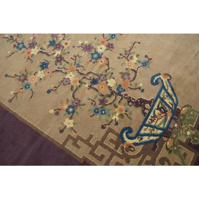 Sand 1920s Tan Sand Chinoiserie Antique Chinese Art Deco Carpet 9'3'' X 11'8' Wool Knotted Rug For Sale - Image 8 of 9