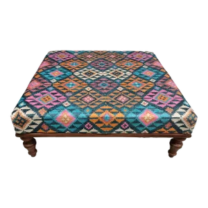 Aztec Pattern Rug Print Fabric Upholstered Square Coffee Table With Turned Legs