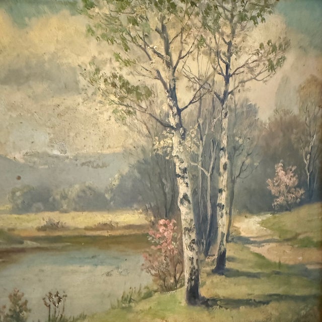 Pair of Petite Mid-Century Birch Trees & River Landscape Paintings For Sale - Image 4 of 10