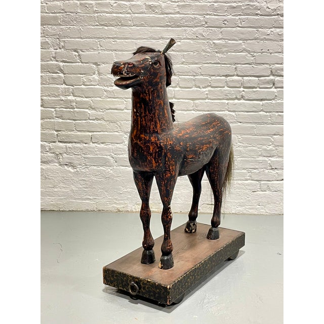 American Antique European Hand Carved Wooden Horse Folk Art Sculpture on Wheeled Base For Sale - Image 3 of 13