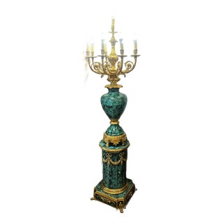 Verdant Royalty – Louis XVI-Inspired Porcelain Candelabra With Ornate Gilded Pedestal & Sculptural Bronze Accents For Sale