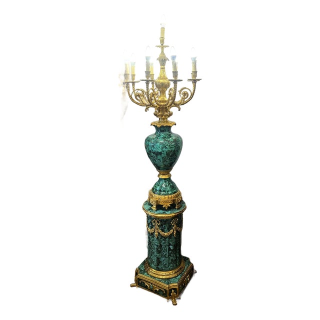 Verdant Royalty – Louis XVI-Inspired Porcelain Candelabra With Ornate Gilded Pedestal & Sculptural Bronze Accents For Sale