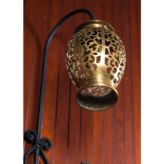 1960s Tall Wrought Iron Wall Sconces With Hanging Brass Moroccan Lanterns - a Pair For Sale - Image 5 of 11
