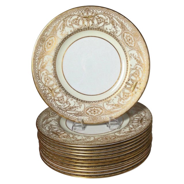 English Raised Gilt Porcelain Dinner Service Plates - Set of 12 For Sale - Image 9 of 9