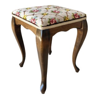 Circa 1950 Sleek Walnut Wood & Needlepoint Seat Cabriole Leg Dressing Bench For Sale