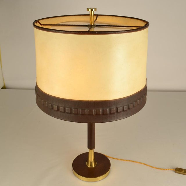 Leather and Brass Table Lamp with Parchment Shade, 1960s For Sale - Image 10 of 12
