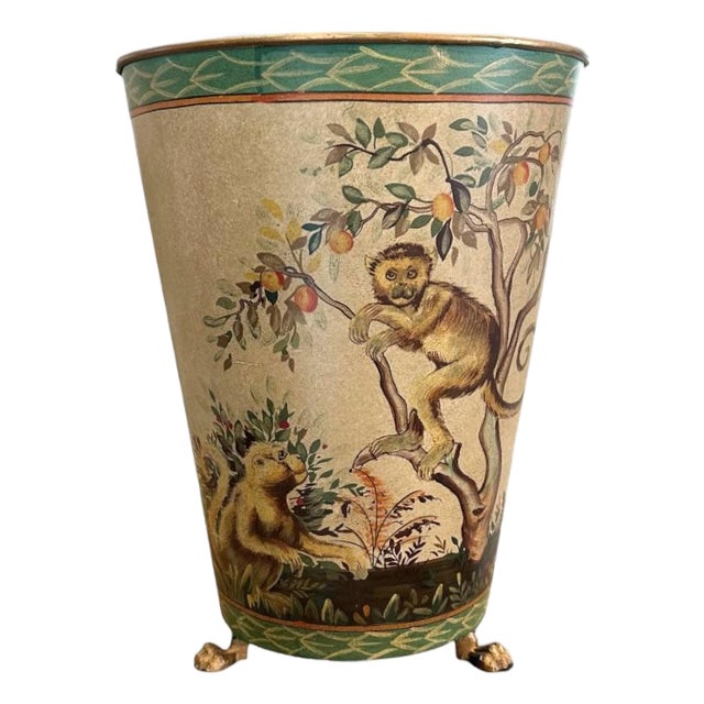 Vintage Tole Monkey Waste Basket / Trash Can With Paw Feet, in the Manner of Mario Lopez Torres For Sale