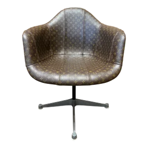 70's Eames for Herman Miller Shell Chair Reupholstered in Louis Vuitton LV Monogram Luggage Leather