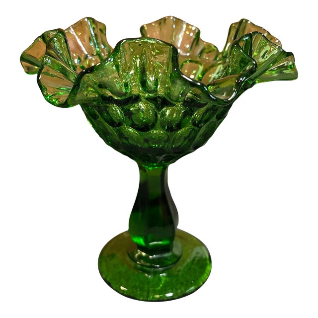 Mid 20th Century Thumbprint Colonial Green Round Compote by Fenton For Sale