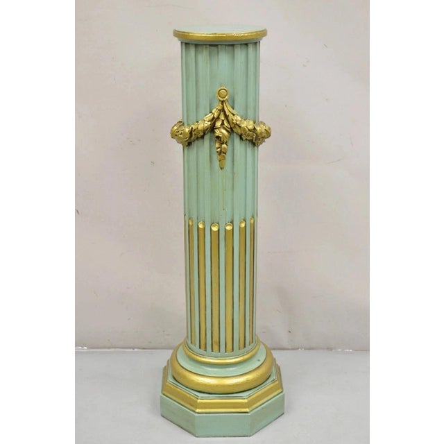 Antique French Empire Neoclassical Green & Gold Painted Wooden Column Pedestal For Sale - Image 12 of 13