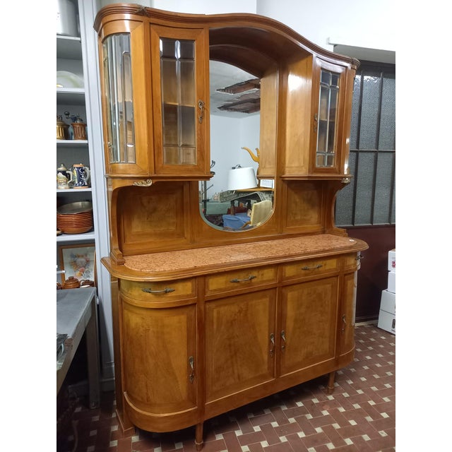 Glass Double-Body Sideboard with Mirror and Red Marble Top, 1940s For Sale - Image 7 of 10