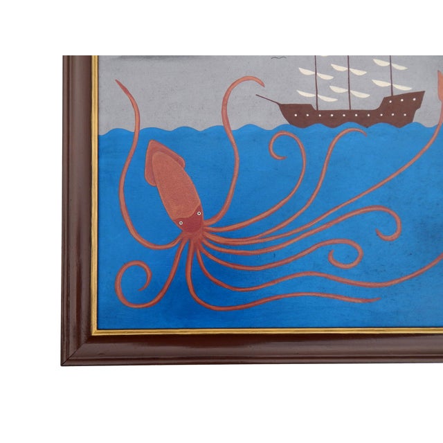 Matt Rix, Naive Style Giant Squid & Sail Ship, Oil on Board, Framed For Sale - Image 10 of 15