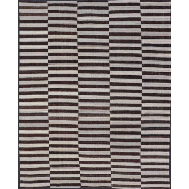 2020s Kilim Rug in Multi-Panel Striped Design With Chocolate Brown, Cream & Light Blue 8'9 X 11'9 For Sale - Image 13 of 13