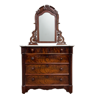 Antique Victorian Burled Marble Top Dresser or Chest With Swivel Mirror