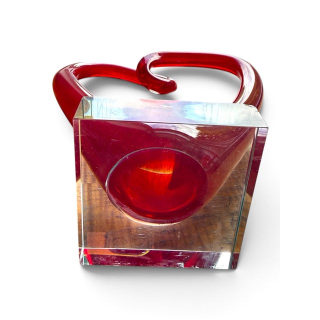 Late 20th Century Vintage Red Murano-Style Art Glass Heart Sculpture on Lucite Base For Sale - Image 5 of 6