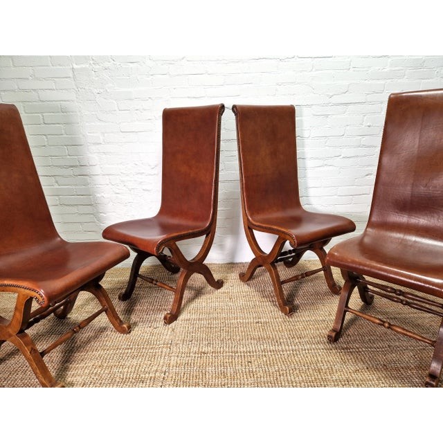 Spanish Dining Chairs in Leather and Oak by Pierre Lottier Valmazan, 1960s, Set of 4 For Sale - Image 4 of 13
