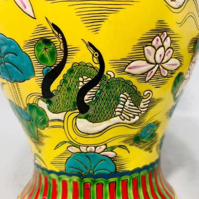 Pair of Chinese Yellow Ground Porcelain Temple Jar | Famille Rose Mandarin Ducks & Lotus Motif For Sale In Los Angeles - Image 6 of 9