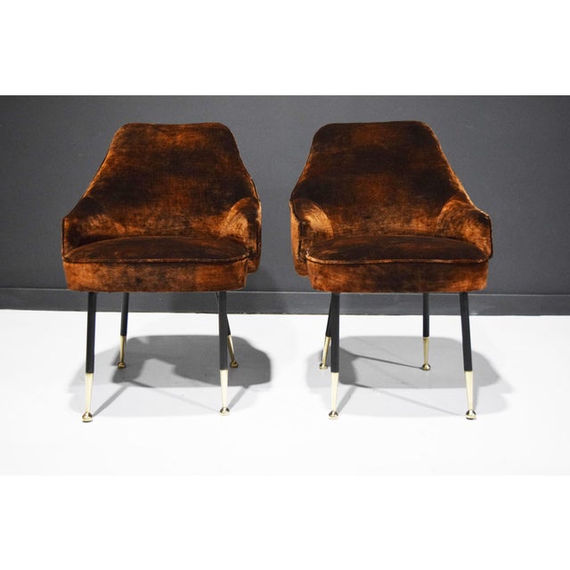 Copper Italian Arm Chairs, 1950s, in Parisien Velvet With Brass Tipped Legs For Sale - Image 8 of 8