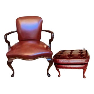 The Ultimate Statement of Traditional Elegance: The Leathercraft Open Armchair & Tufted Ottoman Set For Sale