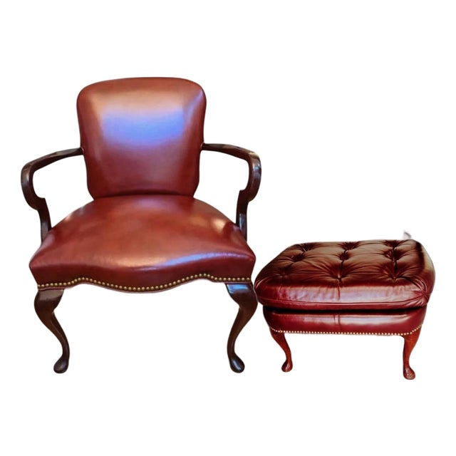The Ultimate Statement of Traditional Elegance: The Leathercraft Open Armchair & Tufted Ottoman Set For Sale